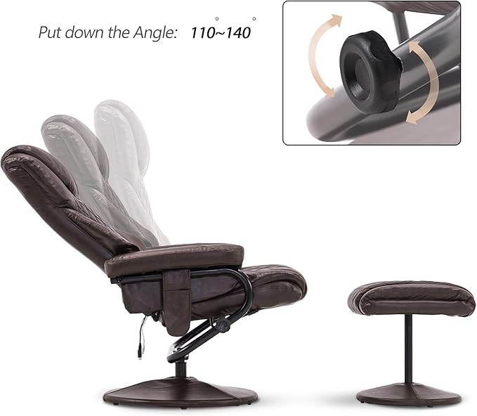 MCombo Recliner with Ottoman, Reclining Chair with Massage, 360 Swivel Living Room Chair Faux Leather, 4901 (Dark Brown)