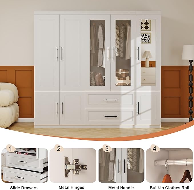 5 Door Armoire Wardrobe Closet with Mirror: Wood Wardrobe Closet Combination Bedroom Armoire 2 Drawer with Hanging Rods Glass Door for Home/Bedroom/Living Room White