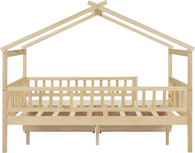 Merax Full Size Wooden House Bed with Two Drawers, Wood Bed Frame with Roof and Safety Guardrail for Kids, Teens, Boys or Girls, Natural