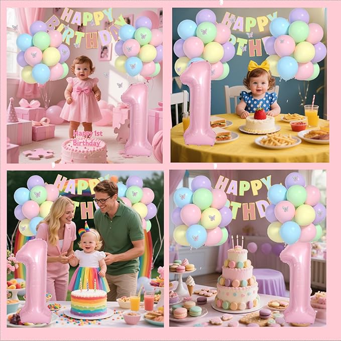 Pastel First Birthday Decorations -12 inch Pastel Balloons, 40 Inch Pink 1 Balloons, 3D Butterflies Stickers, Happy Birthday Banner For Baby Girl 1st BD Party Decorations
