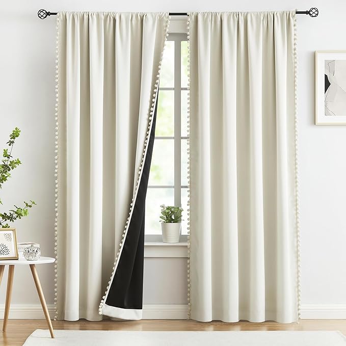 Treatmentex Natural Blackout Curtains for Bedroom Living Room 90inch Long Iovry/Beige Pom Pom Curtain Panels for Windows Thermal Insulated Curtains for Kids Nursery Room Rod Pocket 52" W x 2pcs