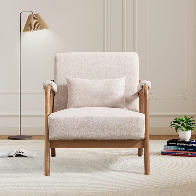 Mid Century Modern Accent Chair with Solid Wood Frame, Upholstered Living Room Chairs with Lumbar Cushion Padded Arms, Reading Armchair for Bedroom (1, Linen Beige)