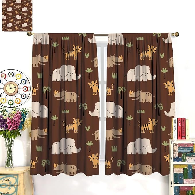 Jungle Safari Animals Blackout Curtains Cartoon Tropical Forest Animals Elephant Tiger Brown Art Print for Kids Boys Bedroom Nursery Rod Pocket Decoration Window Drapes 2 Panels W27.5xL63in