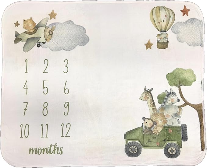 Baby Monthly Milestone Blanket Unisex | Soft Fleece, Safari Design | Newborn Photography Backdrop | Neutral Pastel Colors | 48" x 40