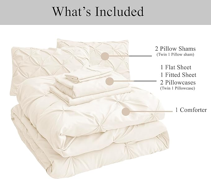 LANE LINEN Twin Comforter Set - 5 Piece Pintuck Twin Bed in a Bag, Pinch Pleat Bedding Set with Comforter, Sheets, Pillowcases & Shams - Ivory