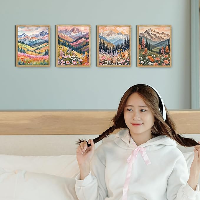JINYO Boho Abstract Wildflower Mountain Scenery Wall Art Prints Set of 4, Modern Maximalist Colorful Floral Wall Decor Posters Pictures for Home Bedroom Living Room, 8x10 Unframed