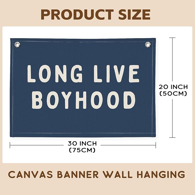 Long Live Boyhood Banner, Canvas Wall Hanging Banner Flag for Nursery Playroom, Toddler Boys Kids Room Decor (Navy Blue)