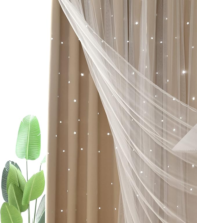 Kinryb Kids Blackout Curtains for Bedroom/Living Room/Classroom, Sheer Overlay 2 Panel Set, Double Layer Curtains with Star Cutout for Kids Room(Each Piece W 70 x L 95 Inches 2 Pcs Beige)