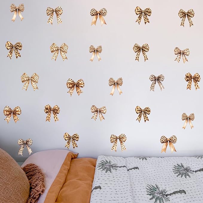 Watercolor Leopard Bow Wall Stickers, Cheetah Bow Knot Vinyl Wall Decals, Removable Bowtie DIY Wall Art for Girls Wowen Bedroom Living Room Decor