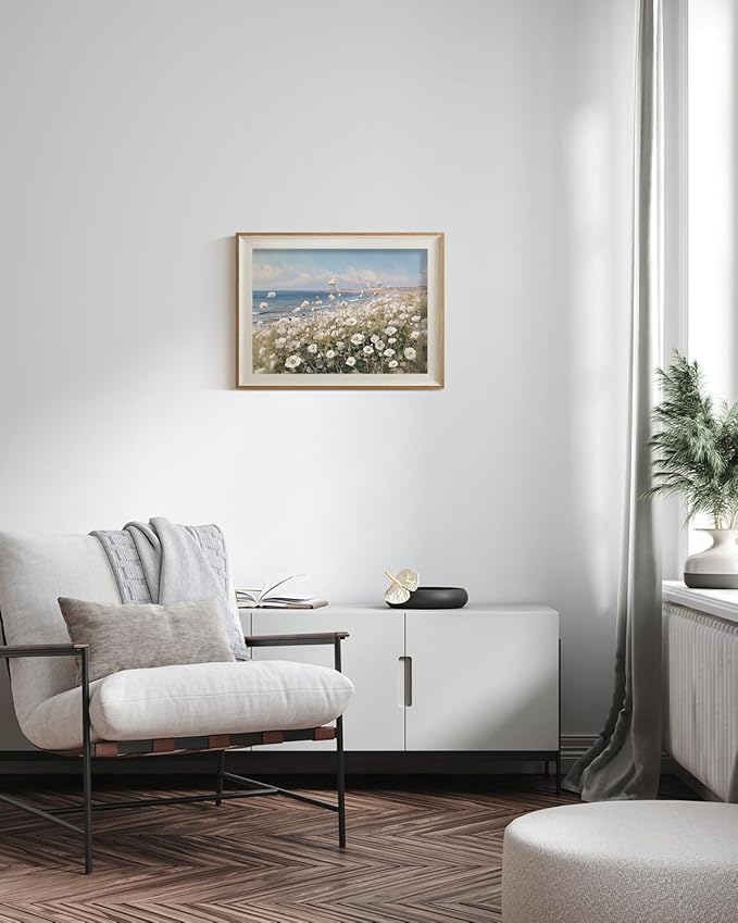 ARPEOTCY Framed Canvas Wall Art, 12x16 Inch Wildflower Coastal Landscape Print, Vintage Floral Seaside Painting for Bedroom, Bathroom, or Cottage, Rustic Horizontal Wall Decor