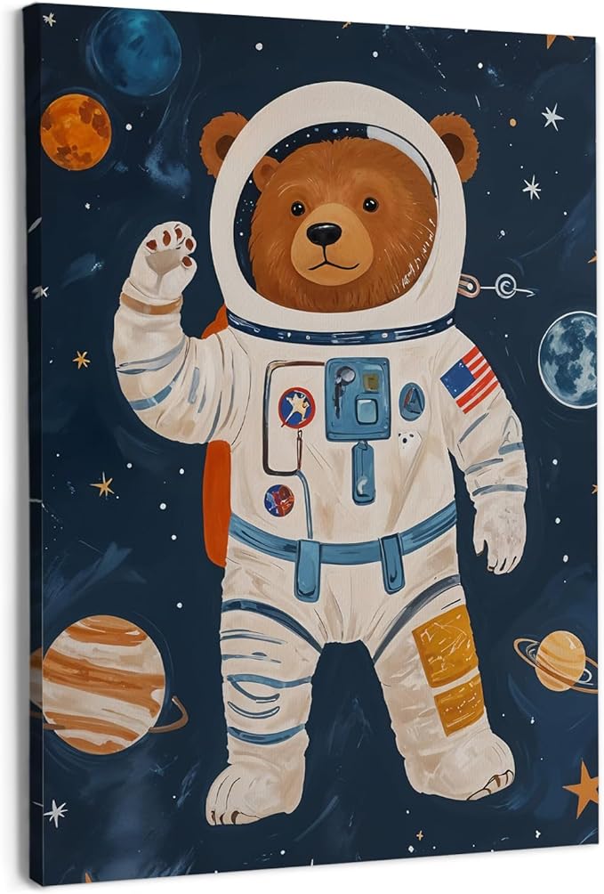URLLUAE Astronaut Bear Space Wall Art Posters for Kids Room, Cute Outer Space Planet Canvas Poster Prints for Boys Bedroom Classroom Nursery Playroom Wall Decor, 11x14 Inch
