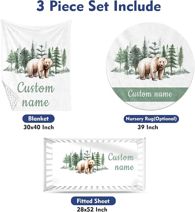 Custom Baby Crib Bedding Set - Brown Bear Design Personalized Name Baby Nursery Bedding 3 Pcs Set - Chic Soft Blanket, Fitted Sheet, Room Rug for Newborns Boys Girls Gifts
