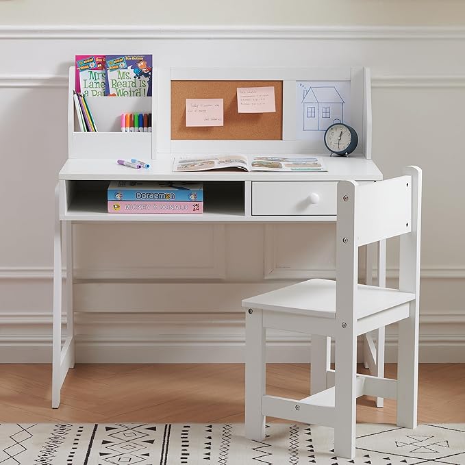 Kids Study Desk and Chair Set, Student Table and Chair Set with Storage Shelf, Wooden Kids Desk with Hutch, Children Writing Table for Home School