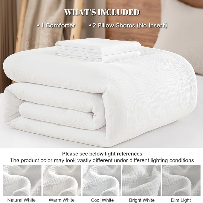 PHF Cotton Muslin Comforter Set King Size, Ultra Soft, Breathable & Lightweight All-Season Bedding, Filling: 100% Polyester, 3 Pieces with 1 Comforter 104"x90" and 2 Pillow Shams 20"x36", White