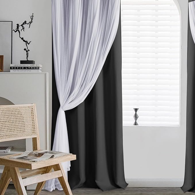 DWCN Black Layered Curtains for Living Room Blackout and Sheer Curtains Grommet Top Curtain Panels with Sheer Overlay for Bedroom, 52 W by 84 L, 2 Pieces