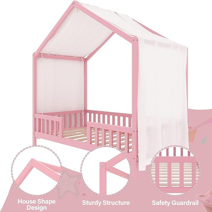 Montessori Floor Bed with Canopy, High Railings and Roof, Twin Size Wood House Bed Frame for Kids Bedroom (Pink/C2)