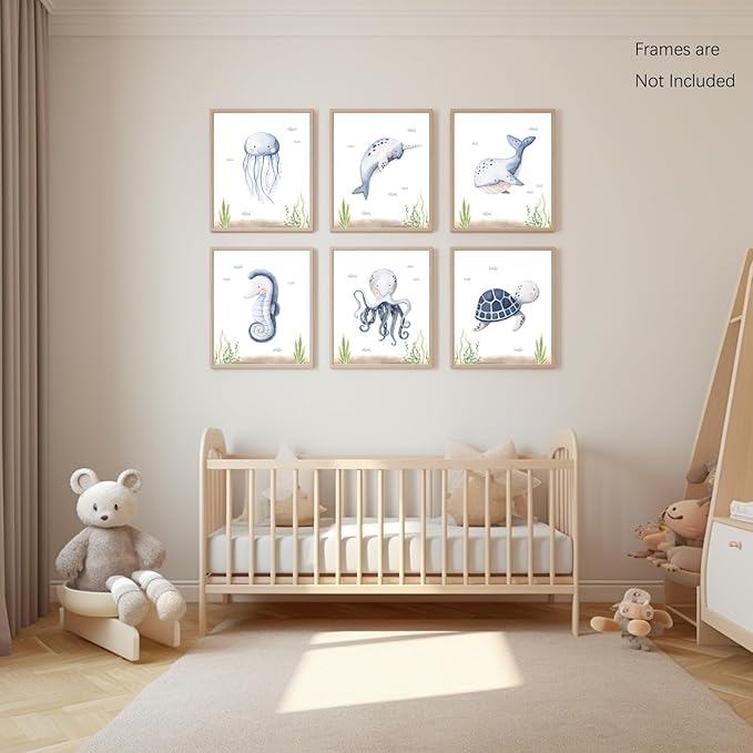Wodkwq Nursery Wall Art Sea Animal Canvas Prints Baby Girl Boy Room Decor Watercolor Paintings Pictures Cute Ocean Theme Toddler Room Decoration Set of 6 for Kids Bedroom Bathroom 8x10in Unframed