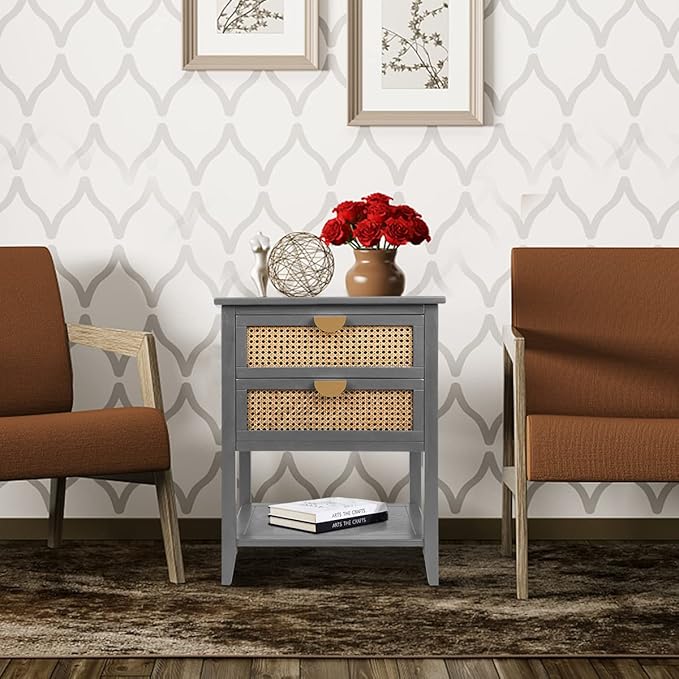 Nightstands with 2 Drawers, Rattan Night Stand Bedside Table End Table Standing Storage Cabinet Organizer Dresser Drawer and Shelf for Entryway, Living Room, Bedroom, Nursery(Grey)
