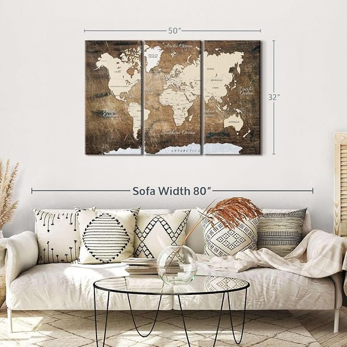 ElephantStock Aged Brown World Map I Wall Art - 3 Piece Canvas World Map Wall Decor - Ready-to-Hang Canvas Print - Vintage Wall Art - 50" X 32"