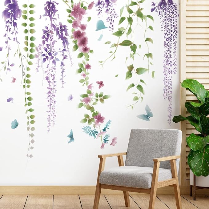 Amaonm 3D Removable Hanging Purple Blue Flowers With Green Leaves Wall Stickers Murals DIY Peel and Stick Flower Vines Floral Wall Decal for Home Wall Corner Kids Bedroom Living Room Nursery Decoration (A)
