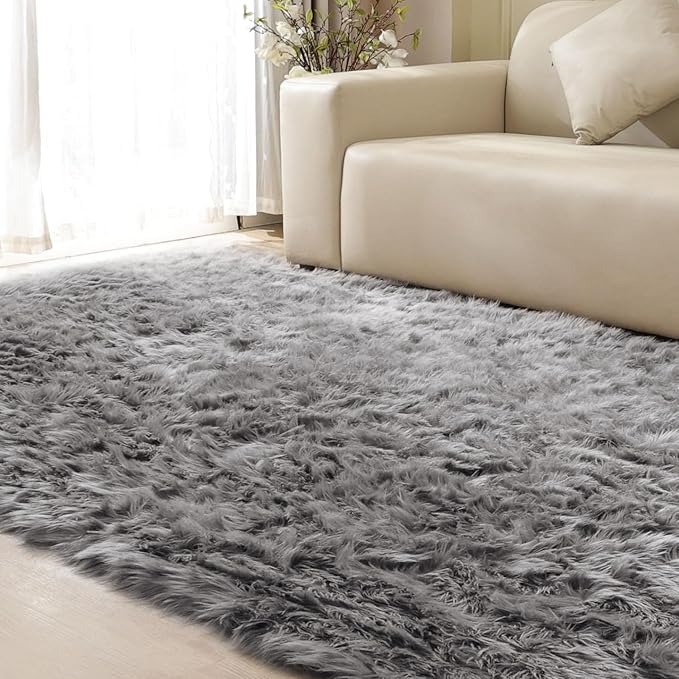 Gray Furry 5x7 Area Rugs for Bedrooms Faux Sheepskin Fur Rug Washable Carpet for Living Room Shag Nursery Rug