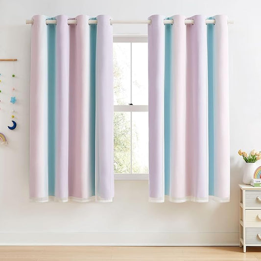 100% Blackout Curtains with Sheer Overlay Mix and Match Double Layer Drapes 63 Inch Length 2 Panels for Bedroom Room Ombre Rainbow Grommet Window Treatment with Tiebacks