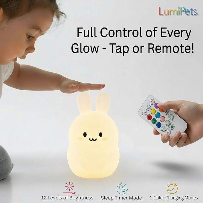 Lumipets Baxter The Bunny Squishy Night Light for Kids | Silicone Lamp with Tap & Remote Control | Rechargeable Color Changing Animal Night Light for Boys & Girls | Portable Nightlight with USB Cord