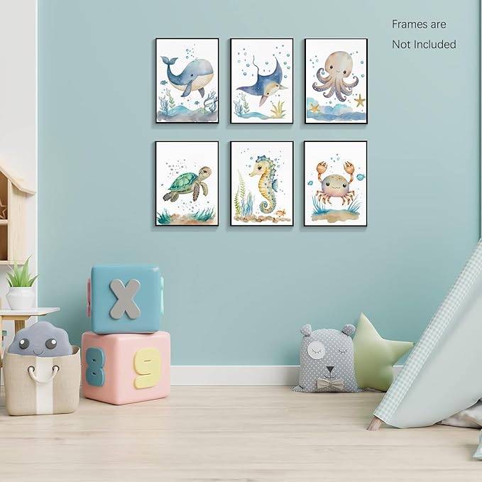 Wodkwq Nursery Wall Art Sea Animal Canvas Prints Baby Girl Boy Room Decor Watercolor Paintings Pictures Cute Ocean Theme Toddler Room Decoration Set of 6 for Kids Bedroom Bathroom 12x16in Unframed
