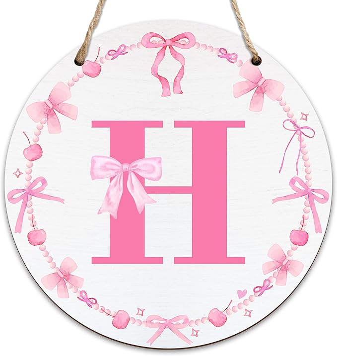 Monogram Round Sign For Front Door, Cherry Bow Theme Sign For Porch Art Wall Door, Initial Signs Hanging Ornament For Indoor Outdoor, Decorations Gifts For Four Seasons Rustic Home Kitchen, H, A08