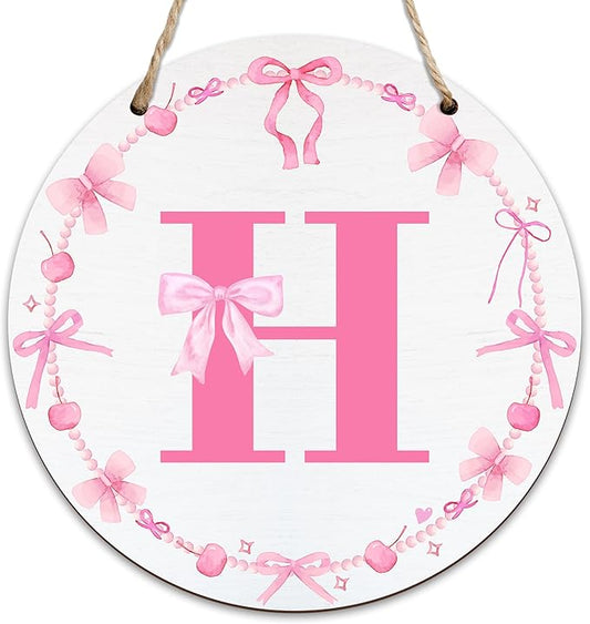 Monogram Round Sign For Front Door, Cherry Bow Theme Sign For Porch Art Wall Door, Initial Signs Hanging Ornament For Indoor Outdoor, Decorations Gifts For Four Seasons Rustic Home Kitchen, H, A08