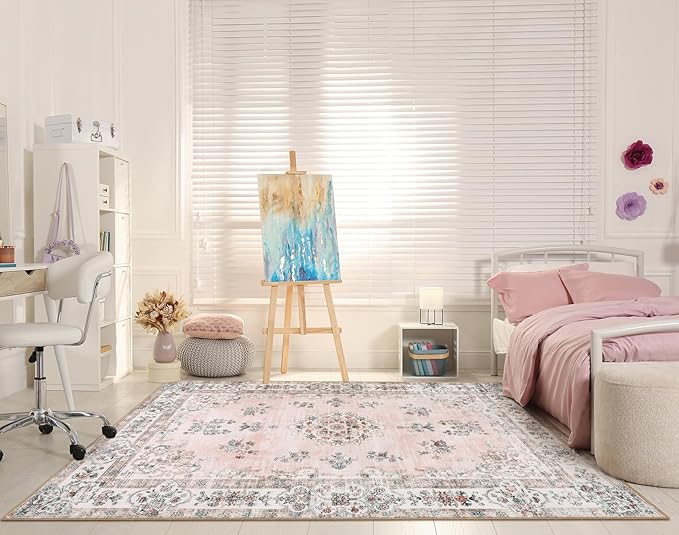 Lahome Washable 6x9 Area Rugs for Living Room, Vintage Floral Pink Large Rug for Nursery Girls Bedroom, Non Slip Lightweight Foldable Carpet for Apartment Dorm Home Office Decor