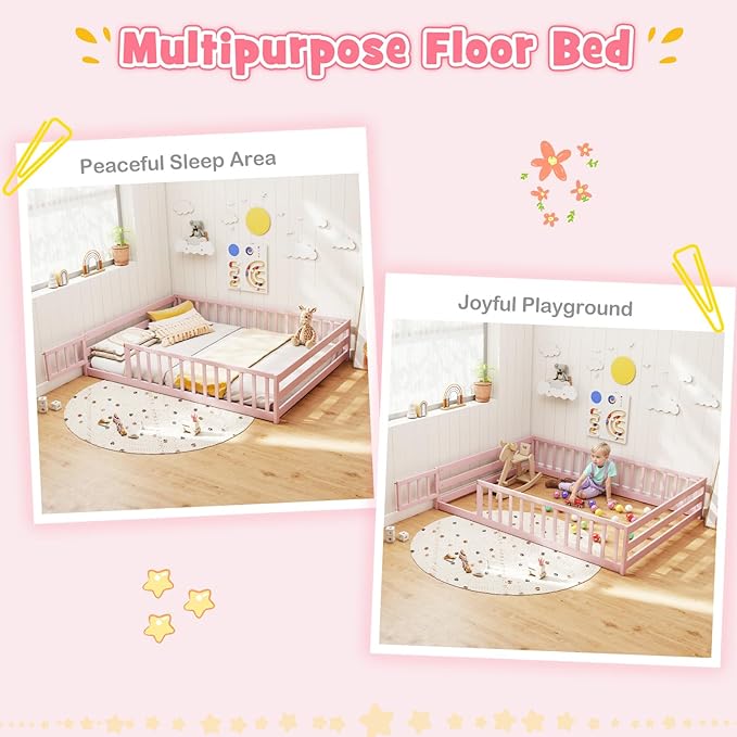 KOMFOTT Full Size Wood Floor Bed with Door & Fence, Montessori Bed Frame with Full Length Safety Guardrails, Door & Latch, Wooden Montessori Floor Bed for Kids, Girls, Boys (Full,Pink)