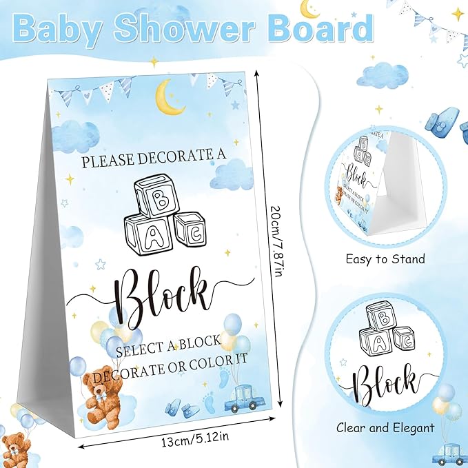Marsui 136 Pcs Baby Shower Blocks to Decorate Game Kit Includes 98 Wooden Blocks, 36 Markers, 1 Game Sign, 1 Storage Box for Baby Shower Gender Reveal Activity Party Decorations(Blue Bear)