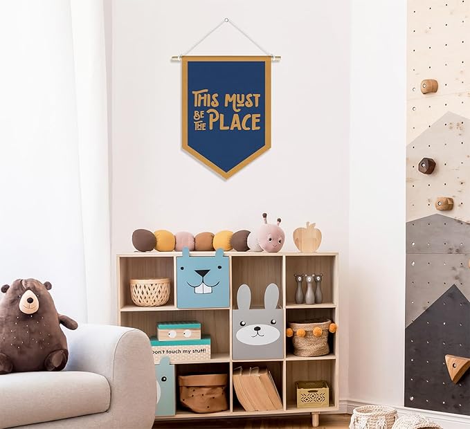 This Must Be The Place Banner Pennant Wall Art Decor for Kids Nursery Toddler Room Bedroom Classroom Decorations, Vintage Navy Blue Nursery Wall Decor, 15x11in
