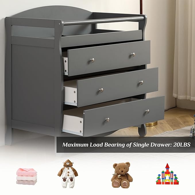 Karl home Changing Table Dresser Baby Diaper Changing Station Infant Nursing Table with 3 Drawers, Safety Rail & Strap for Bedroom, Nursery, Gray