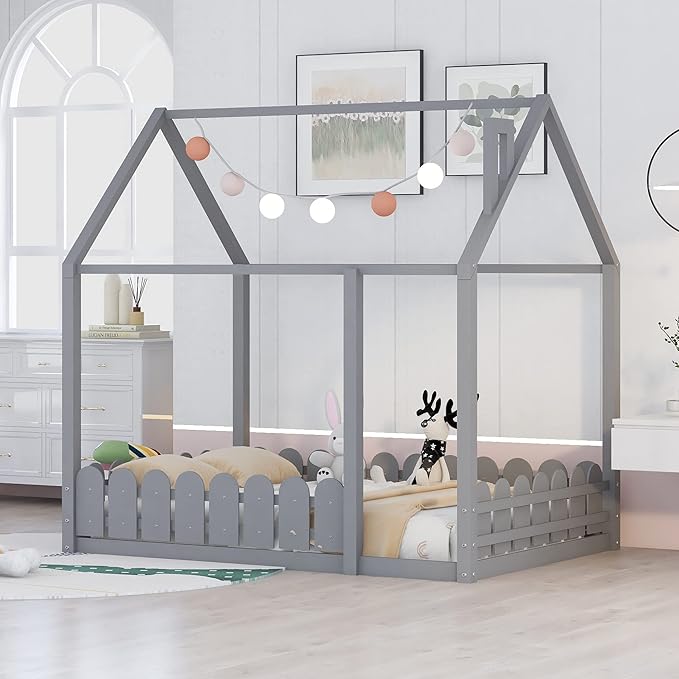 Bellemave Twin Size Kids Floor Bed Frame with Fences, Wooden House Bed with Roof Can be Decorated for Kids Girls Boys (Grey)