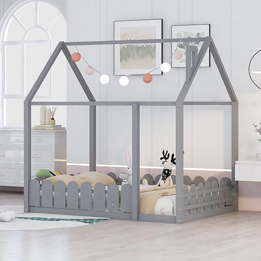 Bellemave Twin Size Kids Floor Bed Frame with Fences, Wooden House Bed with Roof Can be Decorated for Kids Girls Boys (Grey)