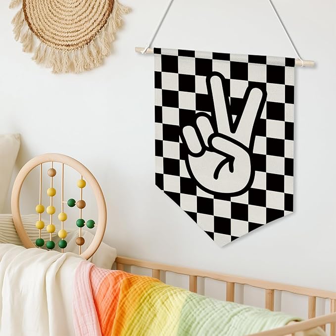 Peace Sign Wall Hanging Banner,Black and White Checkered Canvas Flag for Boys Room, Teen Room, Cool Skateboard Vibes Poster Decor, Retro Hand Gesture Hanging Sign 11x16inch(KD28)