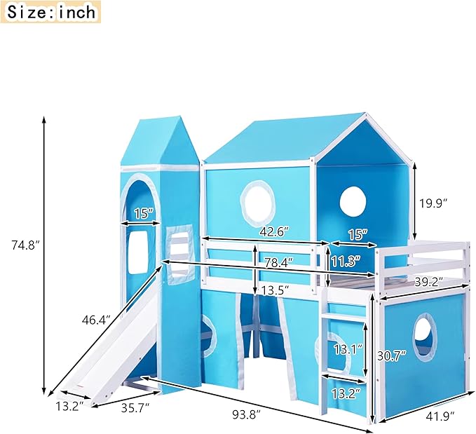 Playhouse Design Twin Size Low Loft Bed with Slide & Tent and Tower, Solid Wood Tent Bed Frame for Kids Boys Girls, Versatile Spacious Under Bed Space with Curtains(Blue-TW)