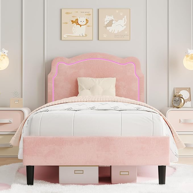 GarveeHome Twin Upholstered Smart LED Bed Frame with Headboard, Velvet Princess Platform Bed Frame for Kids, Wooden Slats Support, No Box Spring Needed (Pink, Twin)