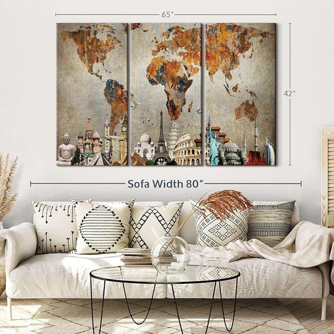ElephantStock Rusty World Map Multi Piece Canvas - 3 Piece Canvas World Map Wall Decor - Wall Decor, Ready-to-Hang Print Vintage Wall Art - 65" X 42"
