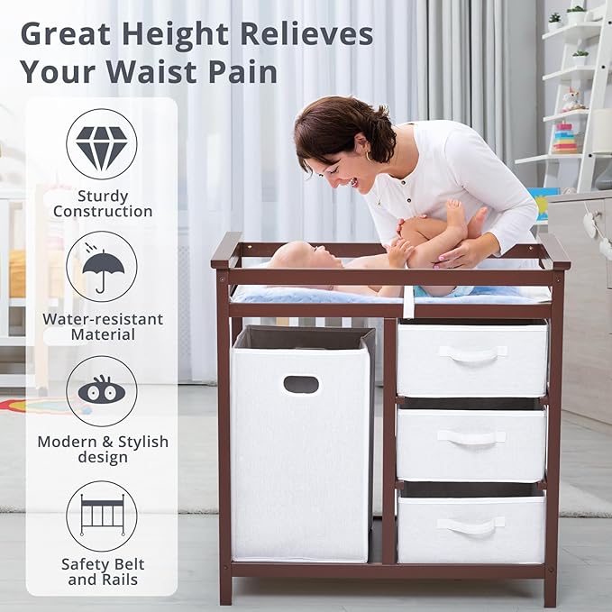Wooden Baby Changing Table, Modern Diaper Changing Table, Infant Diaper Changing Station Dresser with Laundry Hamper, 3 Drawer Basket and Changing Pad