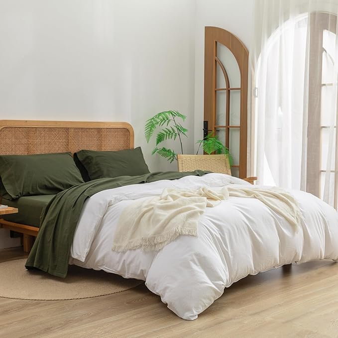 BESTOUCH Sheet Set 100% Washed Cotton Linen Feel Super Soft Comfortable Chic Lightweight 4 Pcs Home Bedding Set Solid Olive Green Full