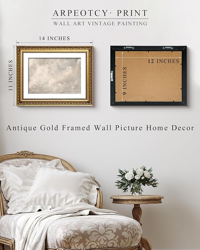 ARPEOTCY Vintage Gold Framed Wall Art, Classic Sky Clouds Study Paintings, Aesthetic Canvas Prints Artwork with Frame, Victorian Wall Decor for Living Room Bathroom Bedroom 11x14 inch
