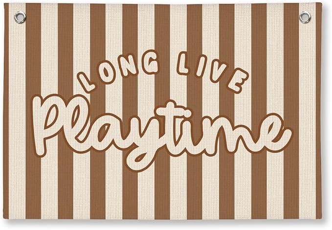 Playroom Decor for Boy, Long Live Playtime Wall Hanging Linen Banner, Blue Striped Wall Flag for Kids Room Nursery Playroom Decor, 20x30 Inch-Brown