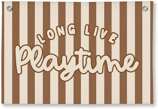 Playroom Decor for Boy, Long Live Playtime Wall Hanging Linen Banner, Blue Striped Wall Flag for Kids Room Nursery Playroom Decor, 20x30 Inch-Brown