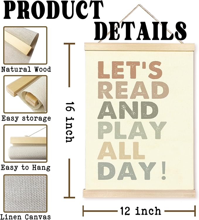 Hiuwevt Kids Playroom Wall Art, Boho Nursery Poster Hanger Frame, Boho Classroom Decor, Let's Read and Play All Day Wall Art Home Decor for Kids Boys Girls Bedroom Room Playroom, 12x16 Inch