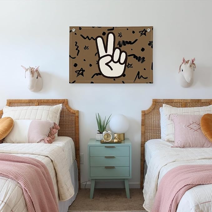 Boys Room Playroom Nursery Decor, Peace Hand Linen Banner Wall Hanging Flag, Retro Preppy Boys Gifts for Boy Room Dorm Decor 20x30