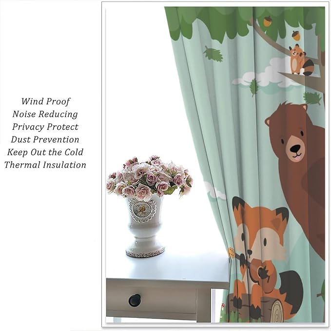 Forest Animals Curtains Colorful Forest Cartoon Cute Fox Bear Giraffe for Kids Boys Girls Nursery Bedroom Living Room Blackout Rod Pocket Decoration Window Drapes 2 Panels W27.5xL63in