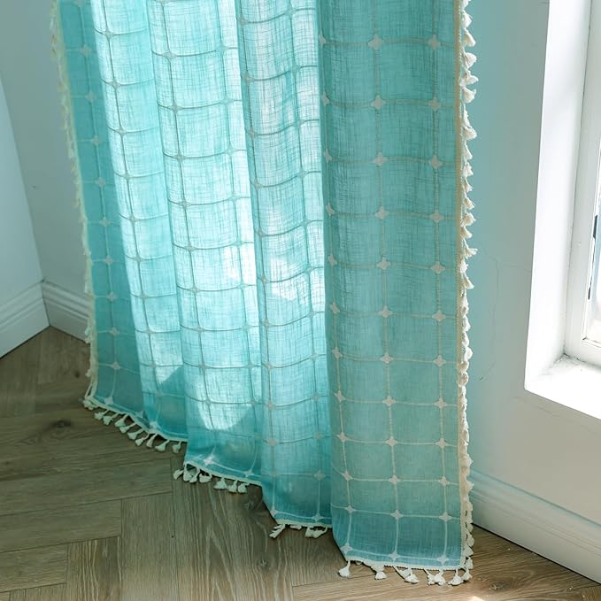 Deeprove Boho Plaid Curtains 72 inch Length for Home Office Kitchen Nursery, Semi Blackout Farmhouse Tassels Window Treatment Bohemian Embroidery Drape Rod Pocket 1 Panel 52" W x 72" L, Aqua